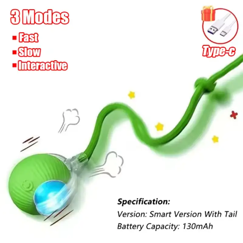 Interactive smart cat ball toy in green with a flexible tail and glowing blue light featuring three charging modes.