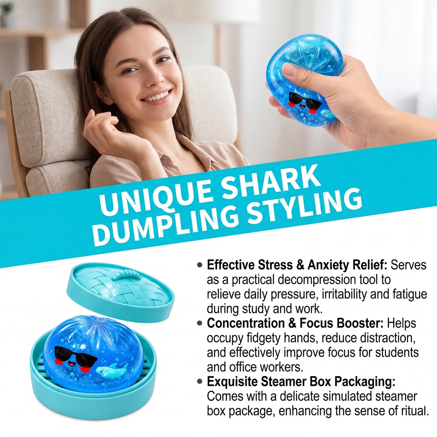 blue translucent squishy dumpling stress ball finished goods designed as a shark with black sunglasses and red cheeks