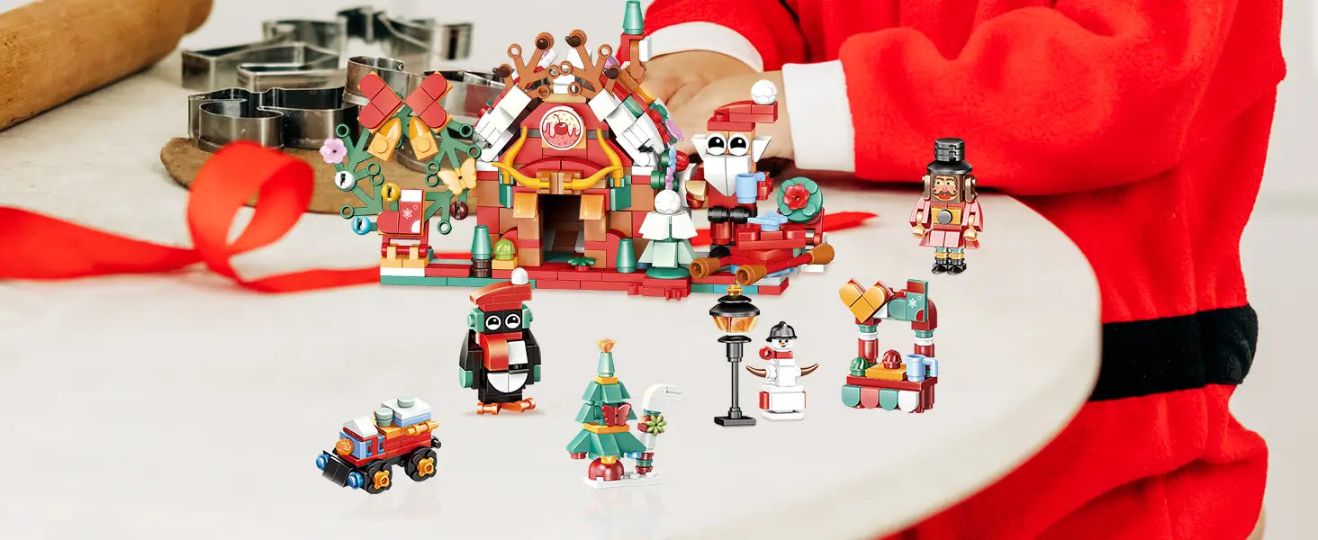 Ein rotes und weißes Weihnachtsüberraschungs-Adventskalender-Bausteinset mit festlicher Dekoration und Miniaturfiguren, darunter ein Pinguin, ein Schneemann und der Weihnachtsmann.