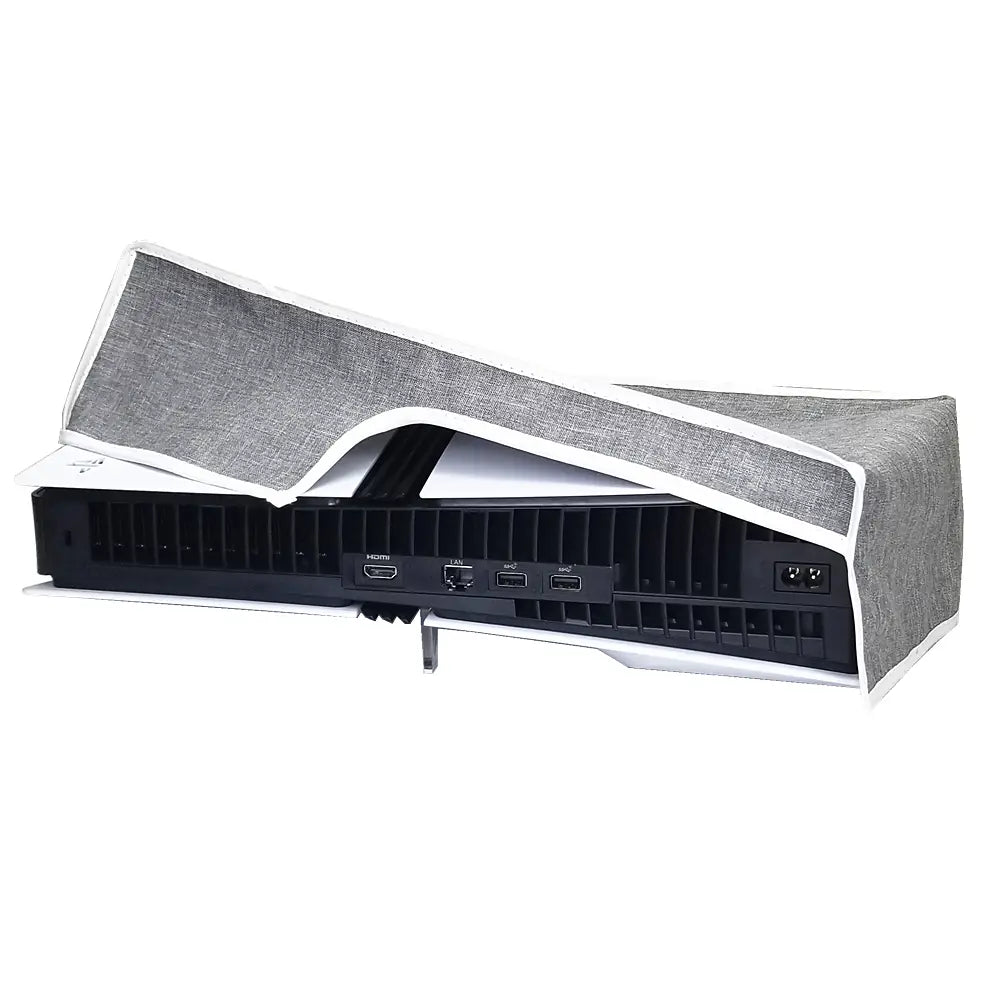 Gray textured fabric ps5 pro console horizontal dust cover with white trim made of oxford cloth designed to protect the pro console.