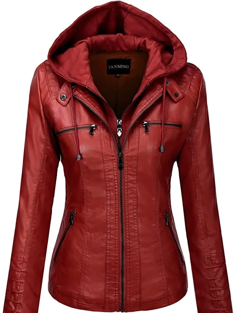 Hooded Leather Jacket Two-Piece Set Removable Large Size Leather Jacket for Women Spring Fall Outwear Women Pu Washed Leather