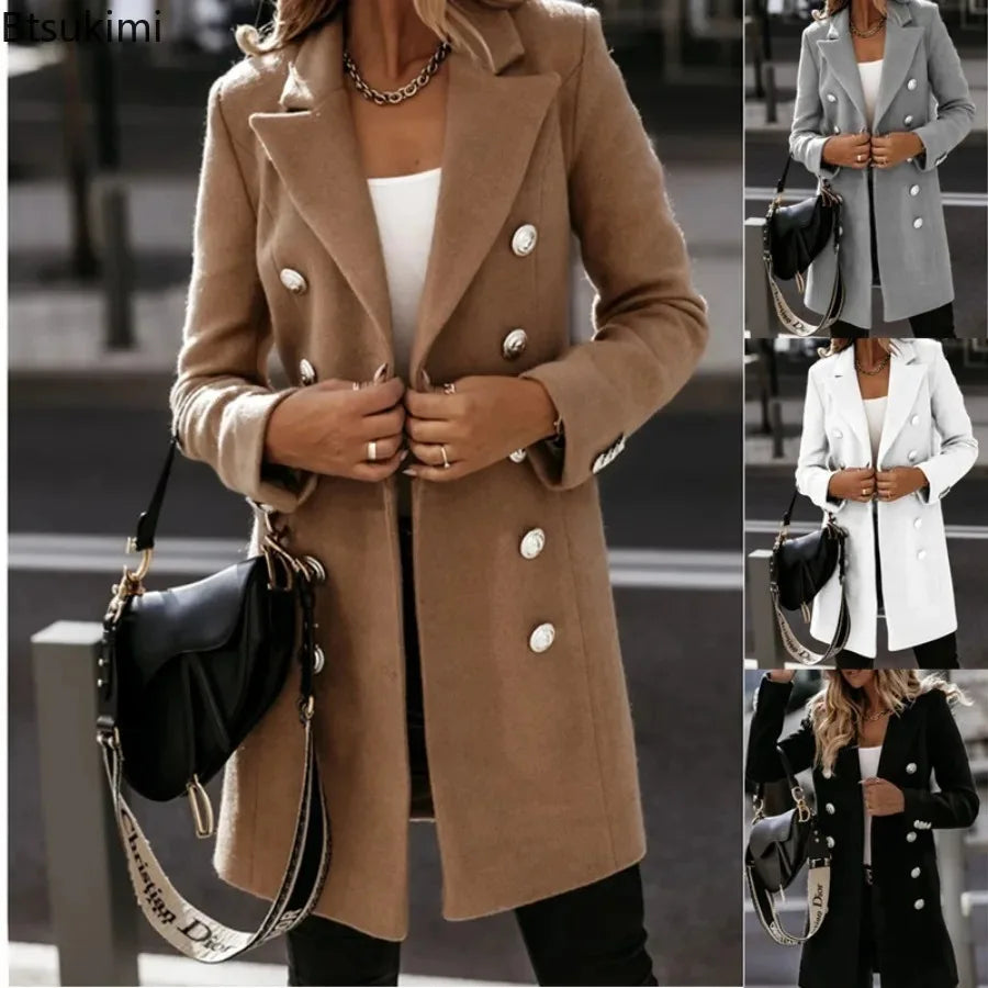 New Women's Autumn Winter Wear Coat Long-sleeved Suit Collar Double-breasted Slim Long Jackets Solid Fashion Wool & Blends Coats