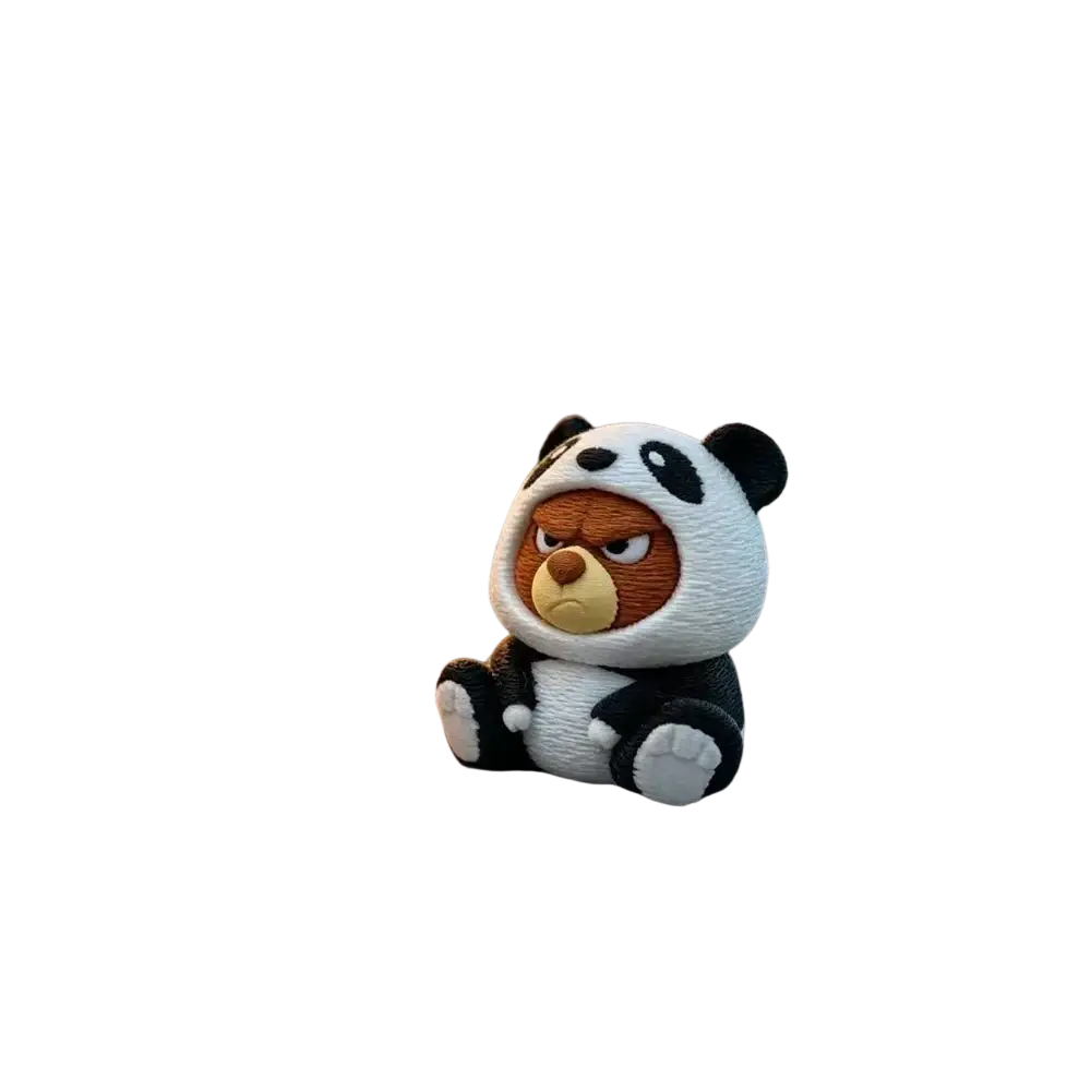 A plush bear figurine with a grumpy expression wearing a white panda jacket with black accents viewed from the front