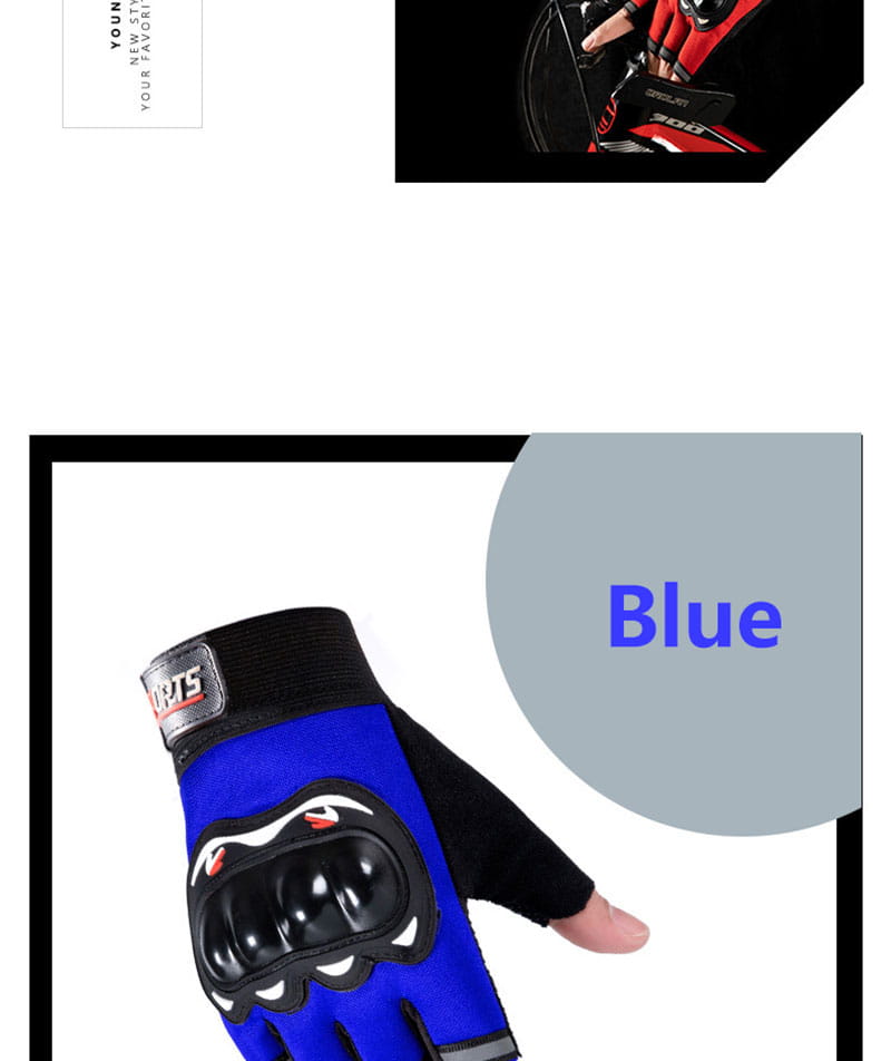 Herren- Motorrad-Taktik-Handschuhe mit halben Fingern, die die Rückseite zeigen, in Blau mit schwarzen Akzenten und einem schützenden Knöcheldesign