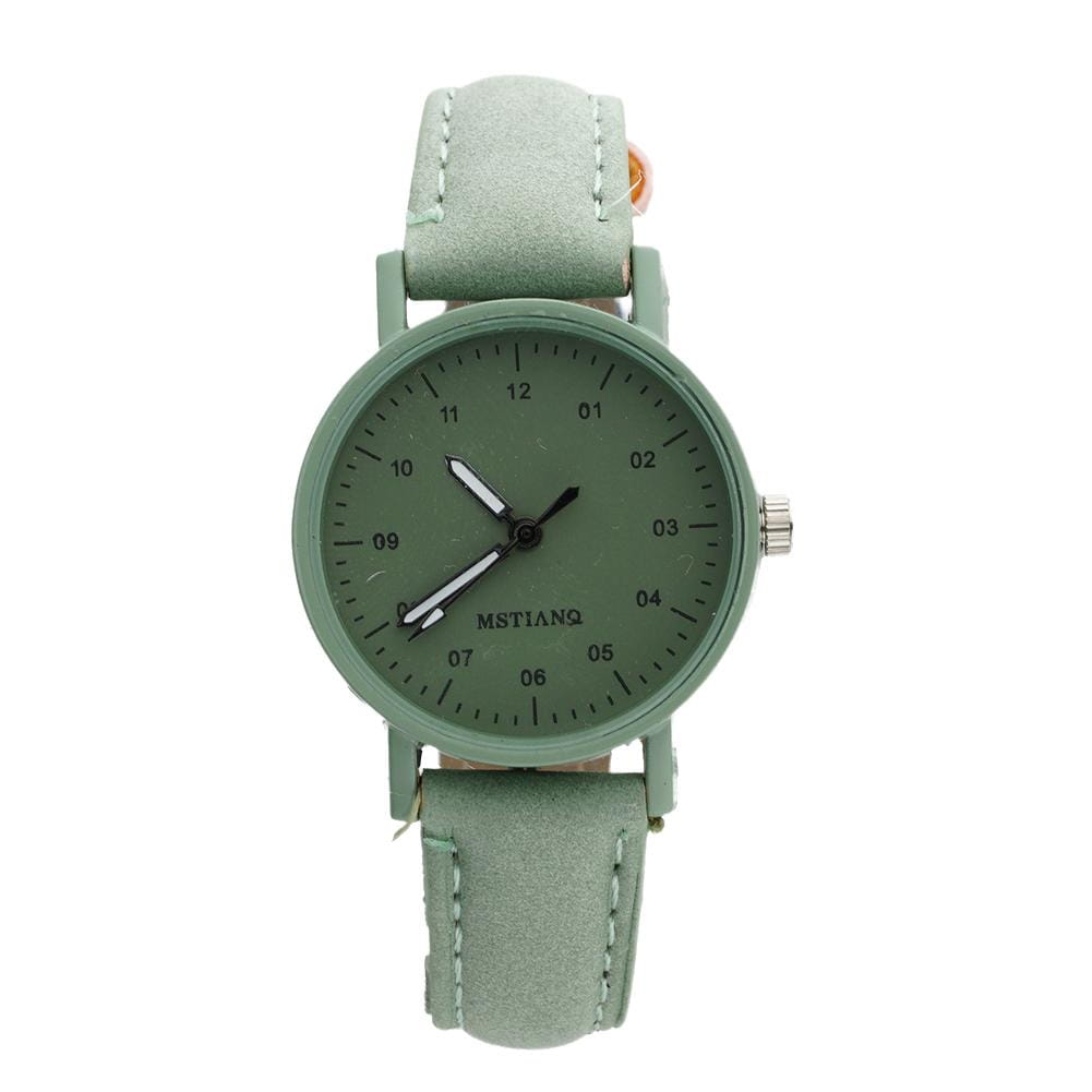 Women quartz watch by Mstianq with matte sage green pu leather strap and matching dial featuring minimalist black hour markers and hands, designed as a waterproof wristwatch.