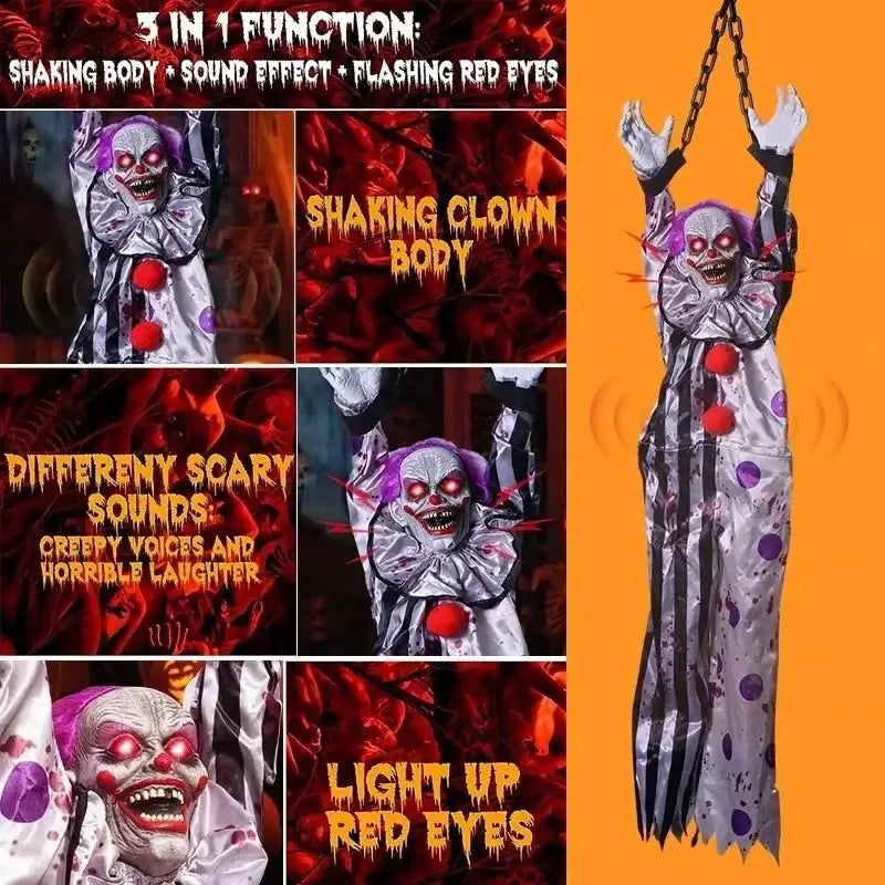 Una figura decorativa colgante de payaso animado de Halloween con ojos rojos luminosos, disfraz con puntos plateados y negros y cabello morado.