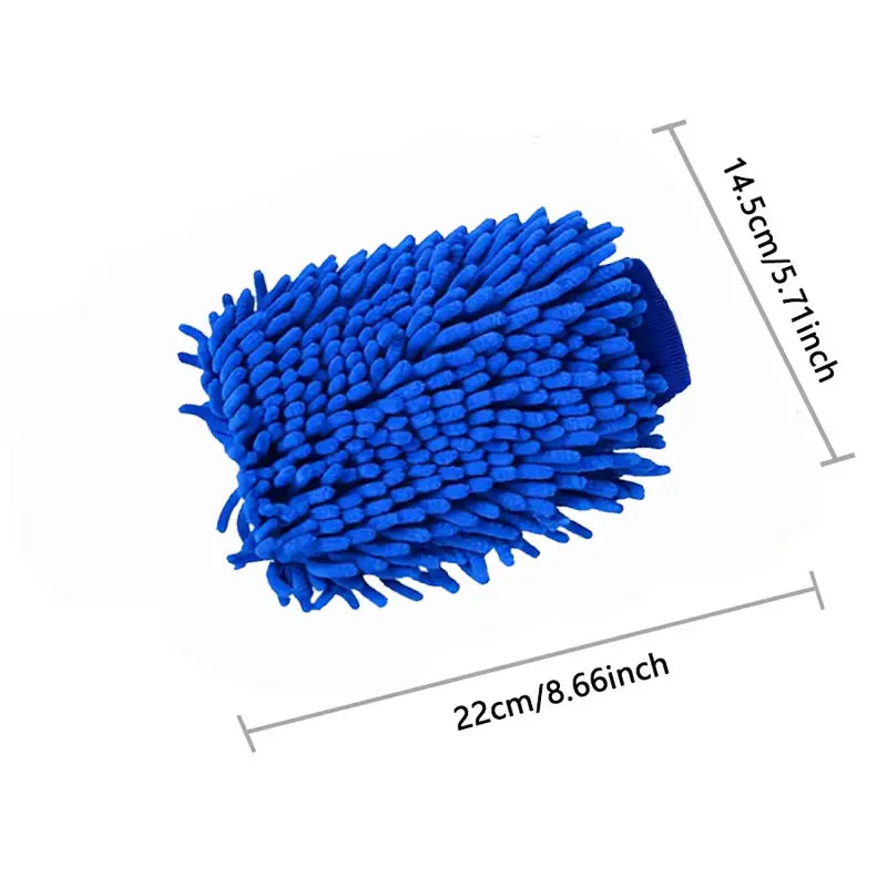 Leuchtend blauer Mikrofaserkraftwagen-Waschhandschuh mit weichem, dichtem Flor und elastischem Handgelenkband aus dem Autopflegebürstenset mit automatischem Reinigungskit.