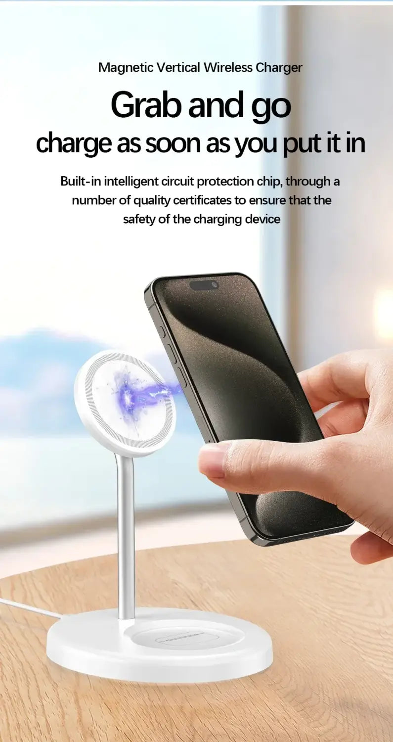 White magnetic wireless charger stand with a sleek minimalist design and a circular charging pad for iphone and airpods wireless charging.