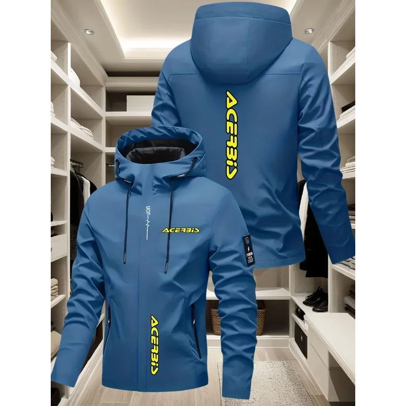 Men's off-road motorcycle style hooded jacket with BIS bright yellow logo print, windproof and multifunctional casual jacket