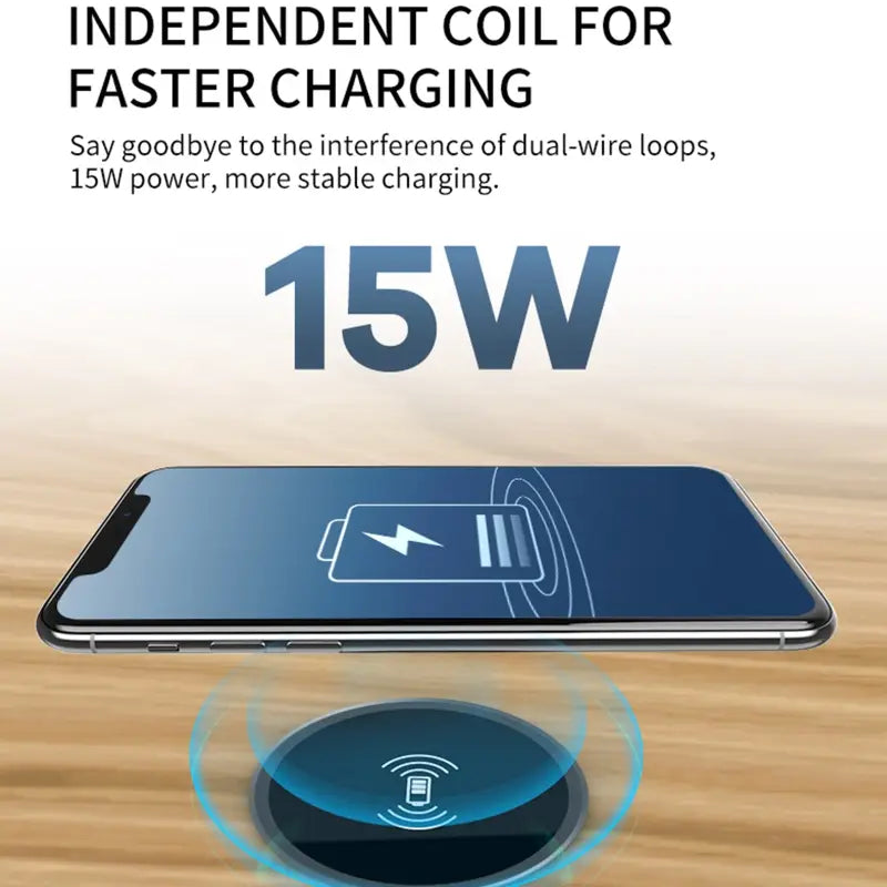 A sleek black wireless charging pad with a circular design and glowing blue accents featuring 15w fast-charging technology for embedded desk use.