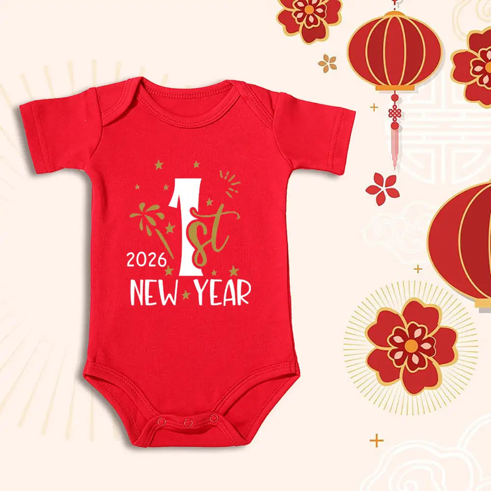 Body en coton rouge pour bébé à manches courtes, avec « 1er nouvel an 2026 » imprimé en blanc et en doré, pour une combinaison-bermuda en coton de premier nouvel an 2026.