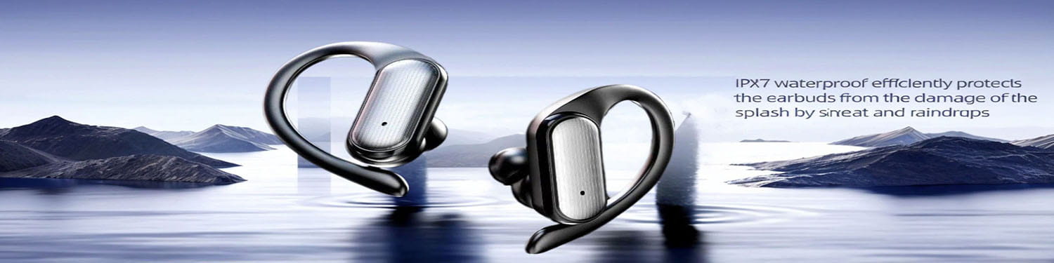 Silver and black wireless earhook earbuds with a sleek sporty design and ergonomic hook for a secure fit featuring hd stereo and Bluetooth 5.0 connectivity.