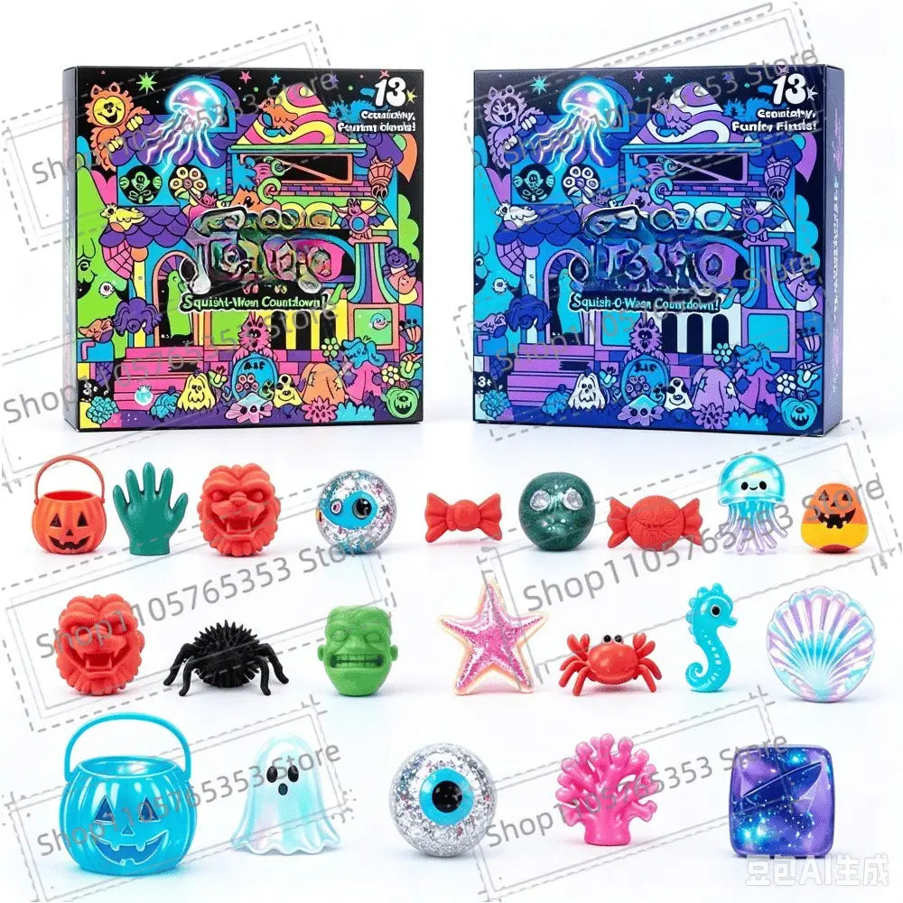 Bunte verspielte Halloween-Themen-Squishies in verschiedenen Formen und leuchtenden Farbtönen, darunter Rot, Grün, Blau, Pink und Orange, präsentiert in einer Halloween-Squishy-Adventskalender-Stressabbau-Geschenkbox.