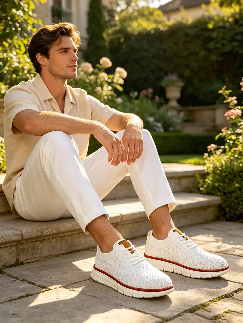 Zapatillas casual transpirables de hombre para caminar en tejido blanco con acentos rojos y un diseño moderno y elegante