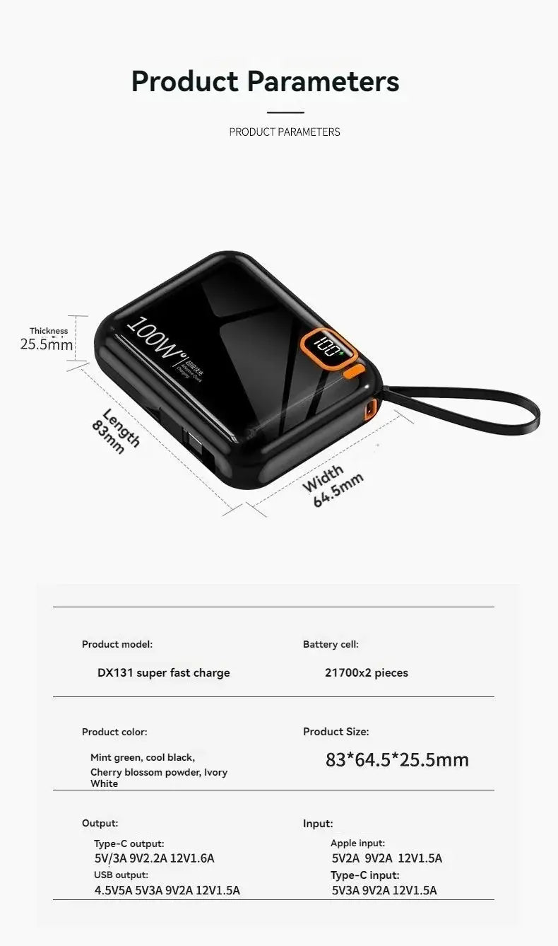 Black 100w portable power bank with quick charge feature and built-in cable featuring a sleek compact design and orange accent on the side.