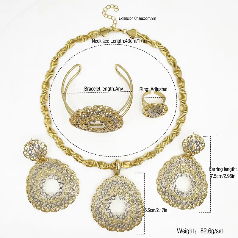 Ensemble de bijoux en filigrane bicolore doré pour femmes, comprenant un collier en filigrane bicolore or et argent à chaîne torsadée, orné de pendentifs tombants en forme de goutte, présentant des motifs délicats de type dentelle.