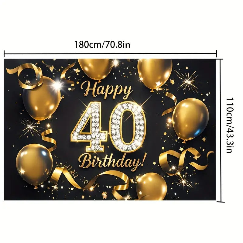 Black gold glitter photography backdrop featuring a gold glittery happy 40th birthday banner with sparkling balloons and ribbons on a black background.
