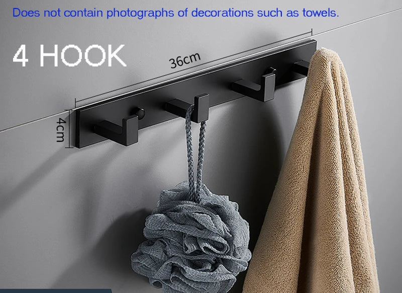 Bathroom Space Robe Hook Wall Mounted Aluminum Clothes Coat Hook Wall Hanger Black Brushed Golden Bathroom Accessories 3-6 Hooks