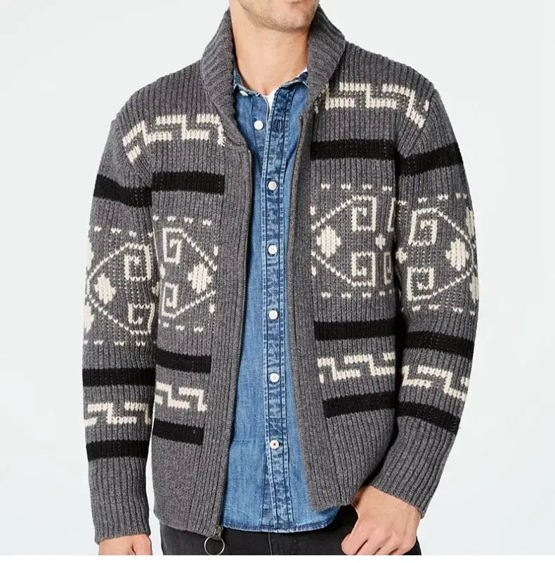 Pull-over cardigan vintage à fermeture éclair géométrique pour homme en maille grise et noire, avec des motifs géométriques blancs.