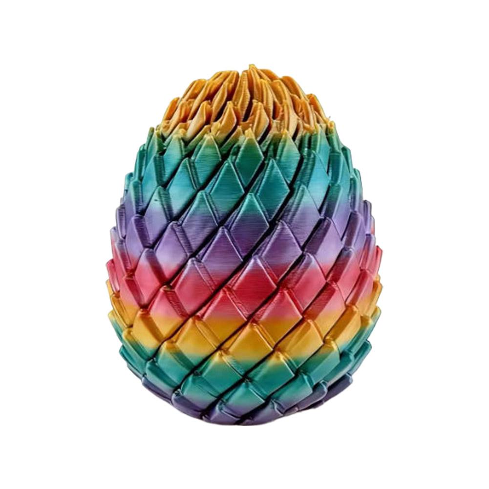 A vibrant rainbow-colored printed dragon egg with a textured scale-like surface shown from a front angle as an articulated dragon egg fidget toy.