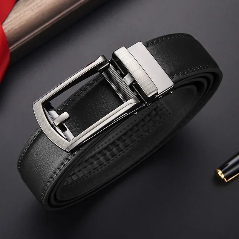Black leather mens automatic leather belt with a sleek brushed silver-toned automatic buckle.