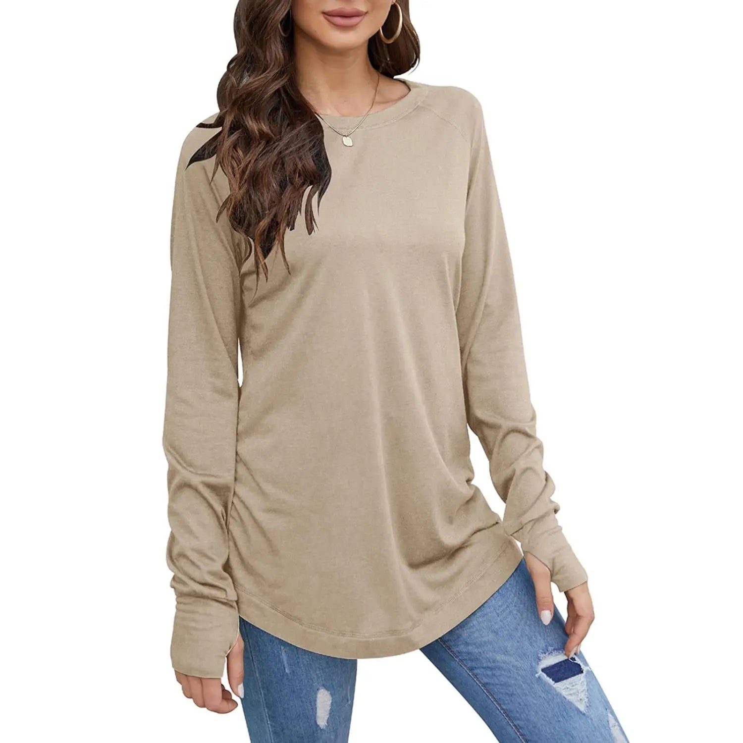 Beige women long sleeve cotton tunic top with a relaxed fit round neck and long sleeve length.