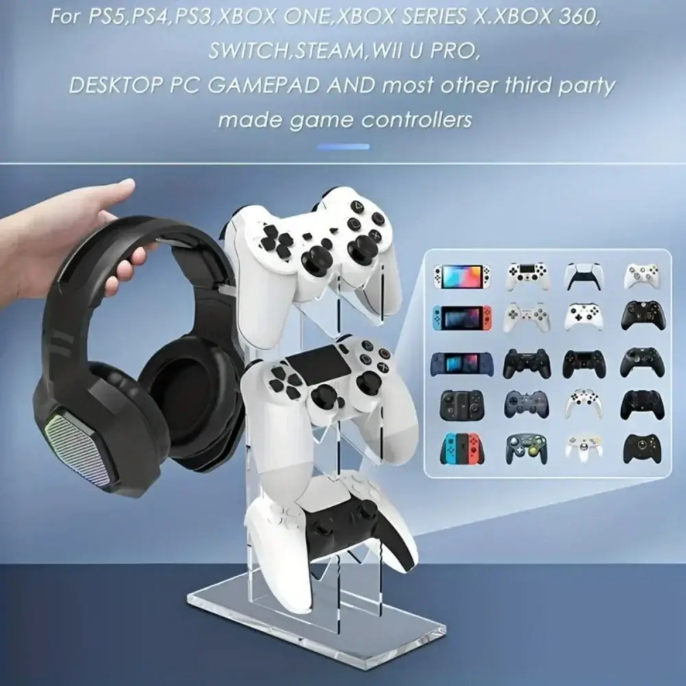 整理された収納のための透明なデザインを備えた、クリアアクリル製ゲーミングコントローラースタンドおよびヘッドセットホルダー。
