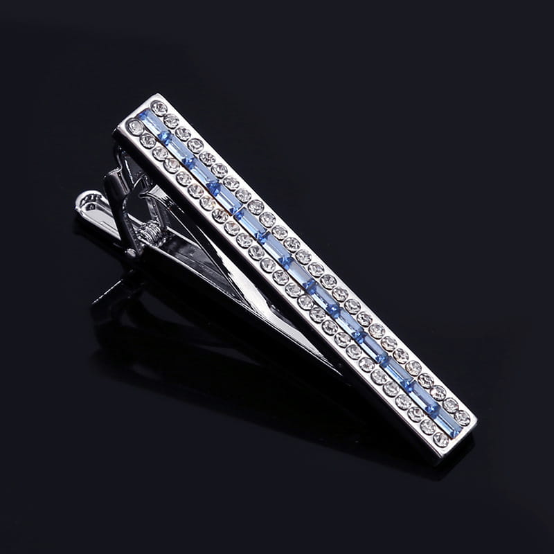 Silver tie bar adorned with two parallel rows of clear and light blue rhinestones from the crystal rhinestone tie clip set.