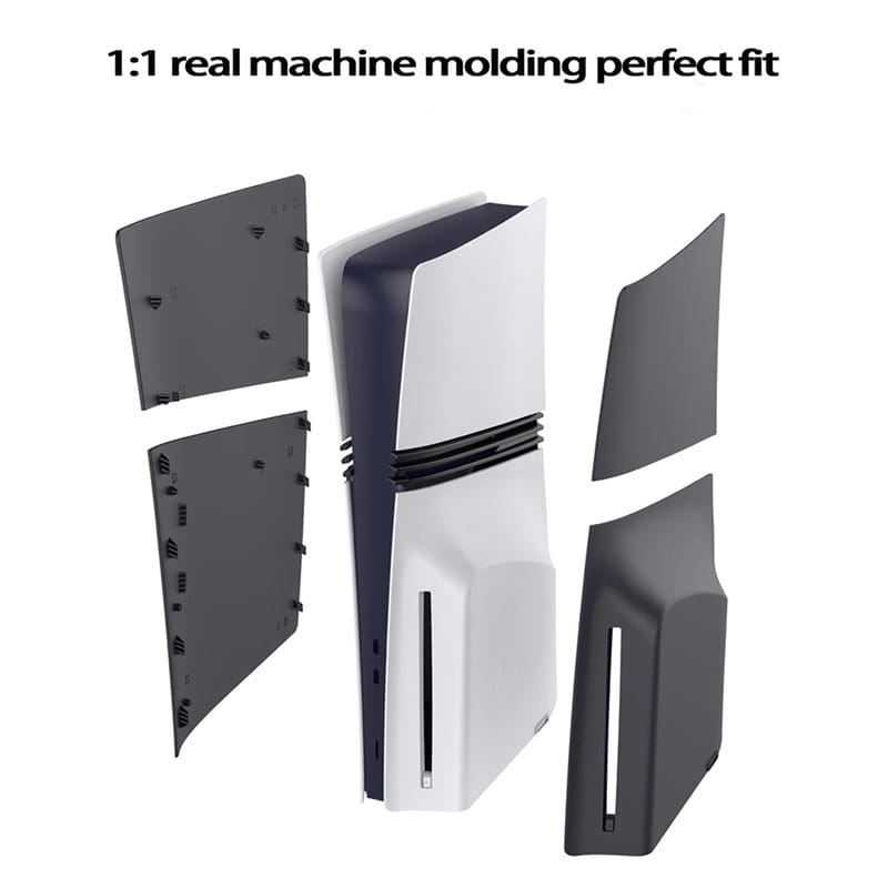 White and black PlayStation 5 pro disc version console with a black matte faceplate cover and matching side panels.
