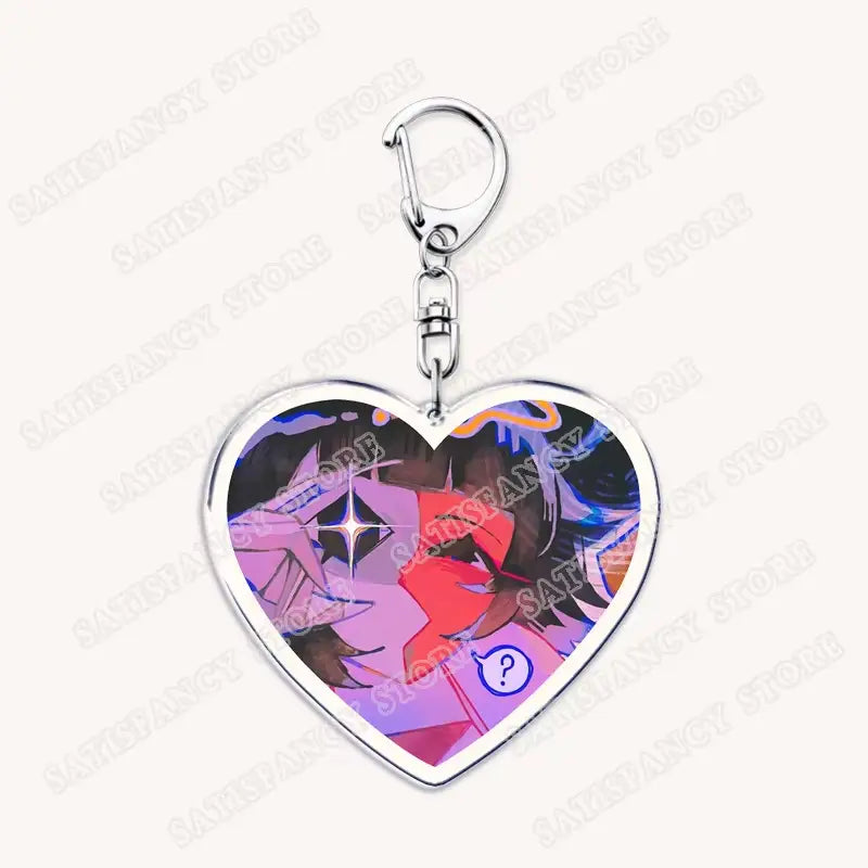 Herzförmiger Anime-Herz-Acryl-Schlüsselanhänger mit silberfarbenem Metallrahmen und Clip mit einer leuchtenden lila-pink-roten-blauen Anime-Illustration, ideal als Geschenk für Gamer.