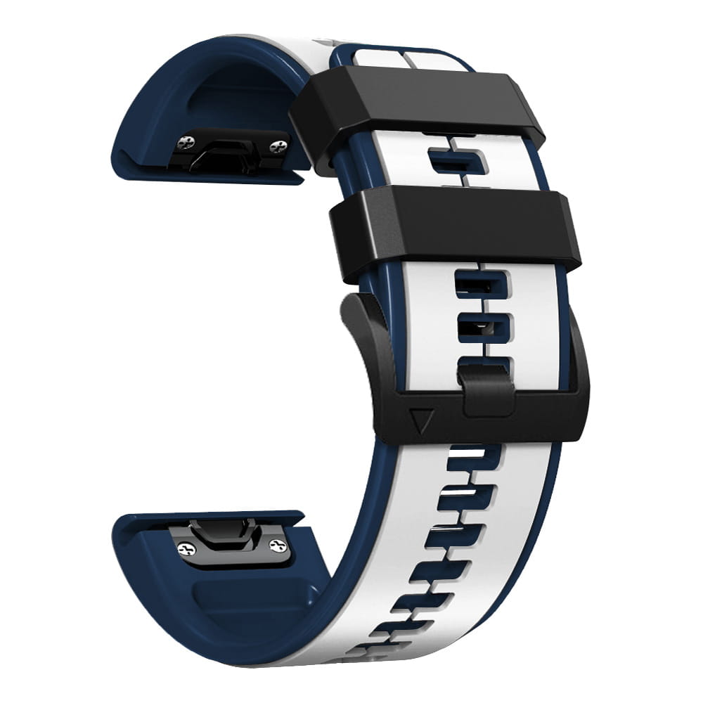 Ein sportliches Garmin Fenix Silikonarmband in Navyblau und Weiß mit schwarzer Kunststoffschnalle, entwickelt für Komfort und Langlebigkeit.