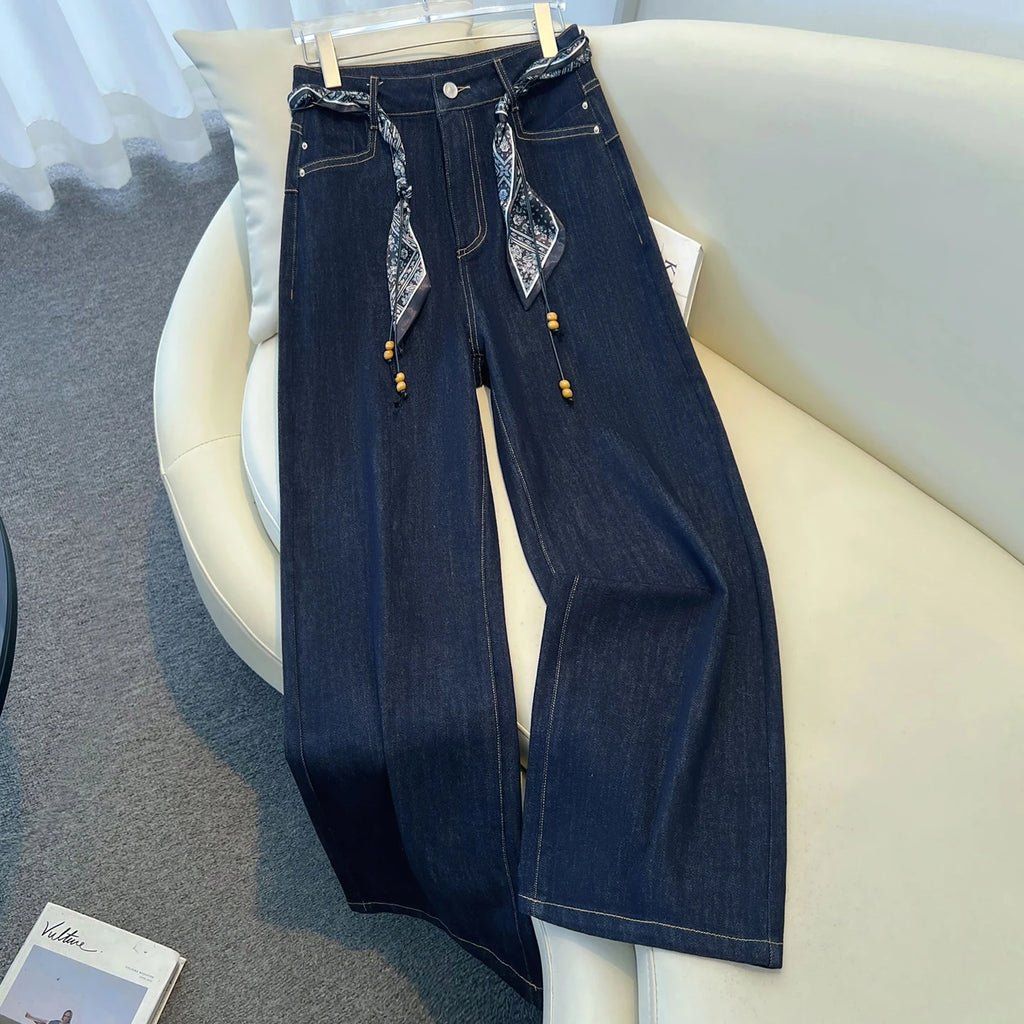 High-End Denim Blue Women's Jeans Straight Leg Wide Leg Pants with Silk Scarf Belt Retro Design Autumn New Style Casual Cotton