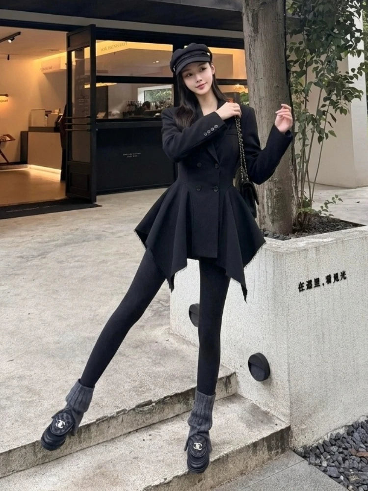 Elegant Autumn Unique Black Blazer Jacket Women Korean Fashion Double Breasted Waist Cinched Irregular Hem Office Casual Outfit