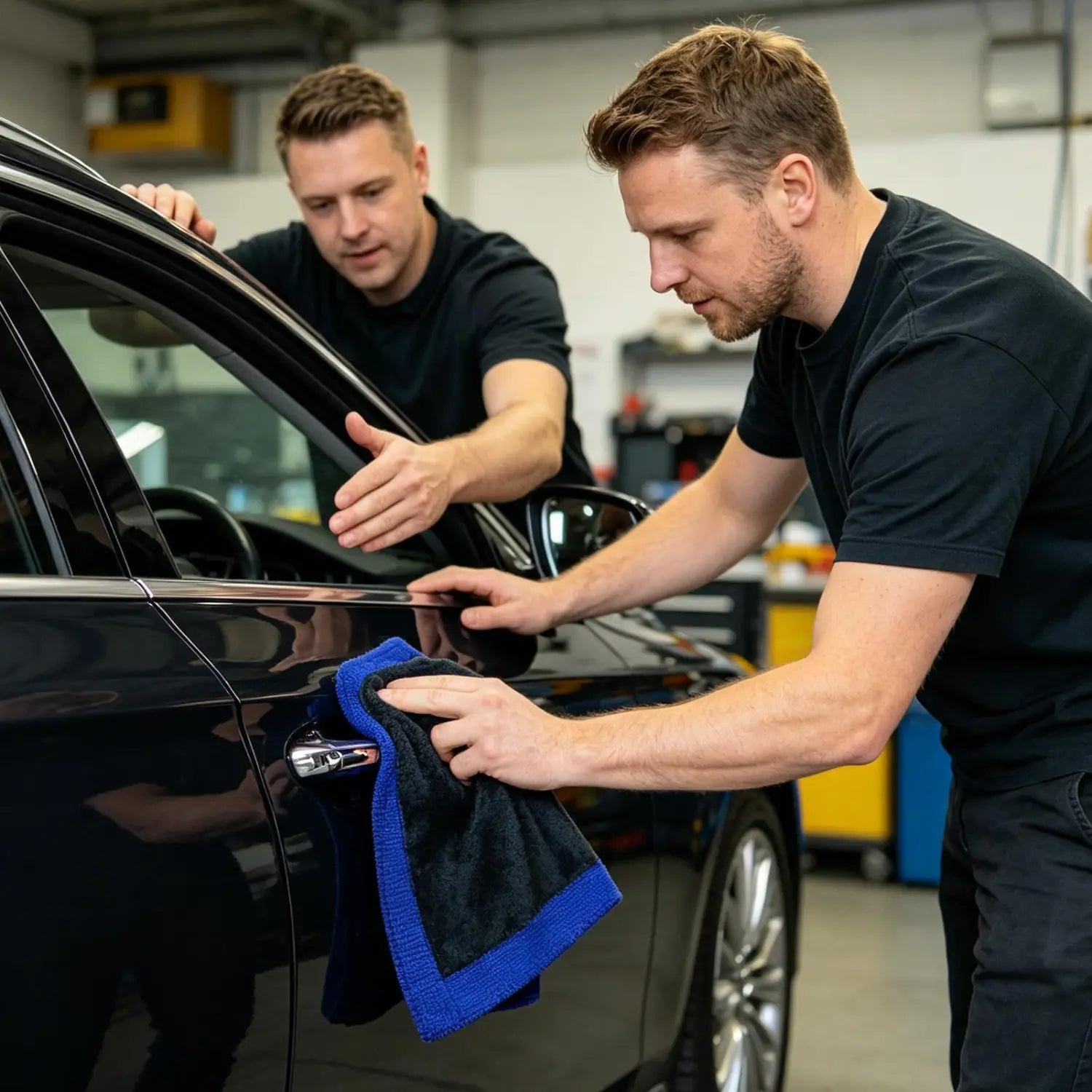 Ein schwarzes Fahrzeug, das mit einem blauen Mikrofasertuch für Tonerde (Clay Bar) poliert wird, ausgelegt für Autopflege und Tiefenreinigung.