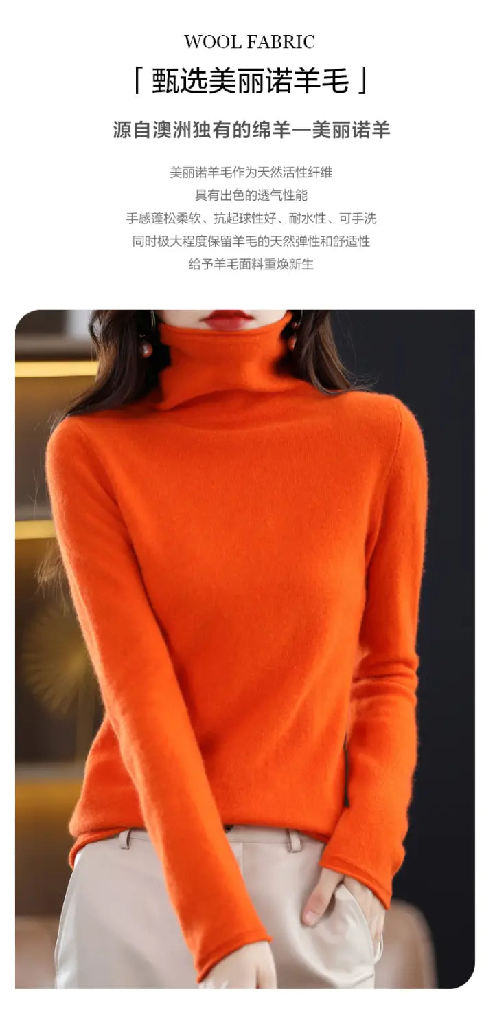 Vibrant orange merino wool turtleneck sweater for women made from soft high-quality fabric.