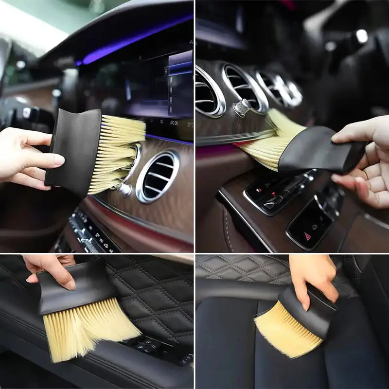 繊細な清掃を目的とした、柔らかな淡色の毛先を備えたブラックハンドルの自動車用内装仕上げダストブラシ。