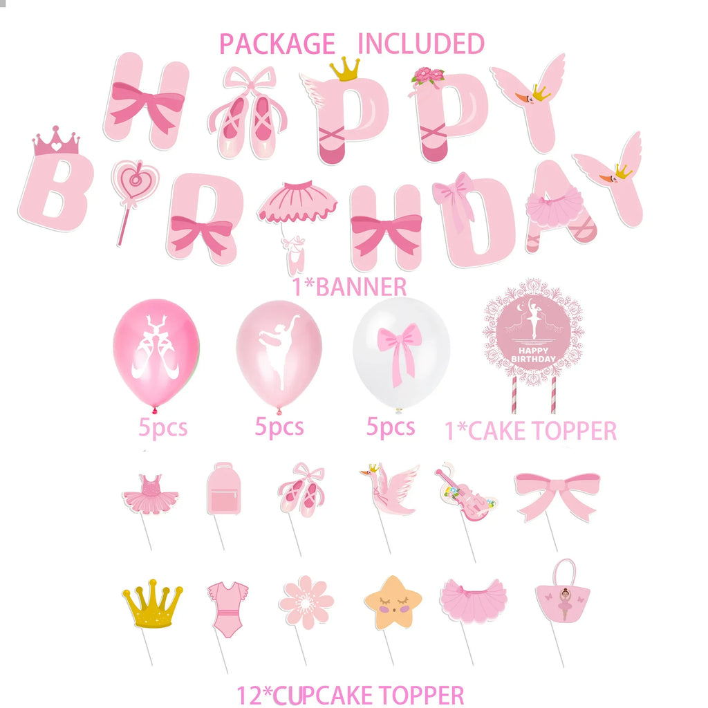 Pink Ballerina Ballet girl Happy Birthday Bunting Banner Balloon Cake Topper for Kids Girl Baby Shower Birthday Party Decoration
