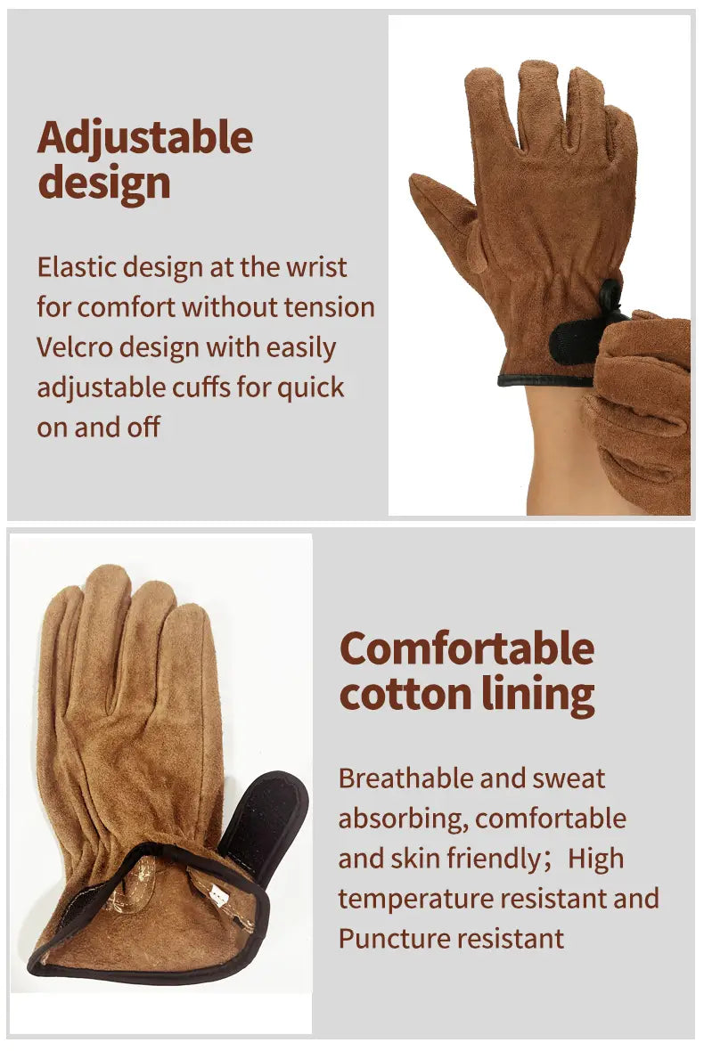 Heavy duty suede work gloves for men in brown leather with black velcro cuffs and a comfortable cotton lining.