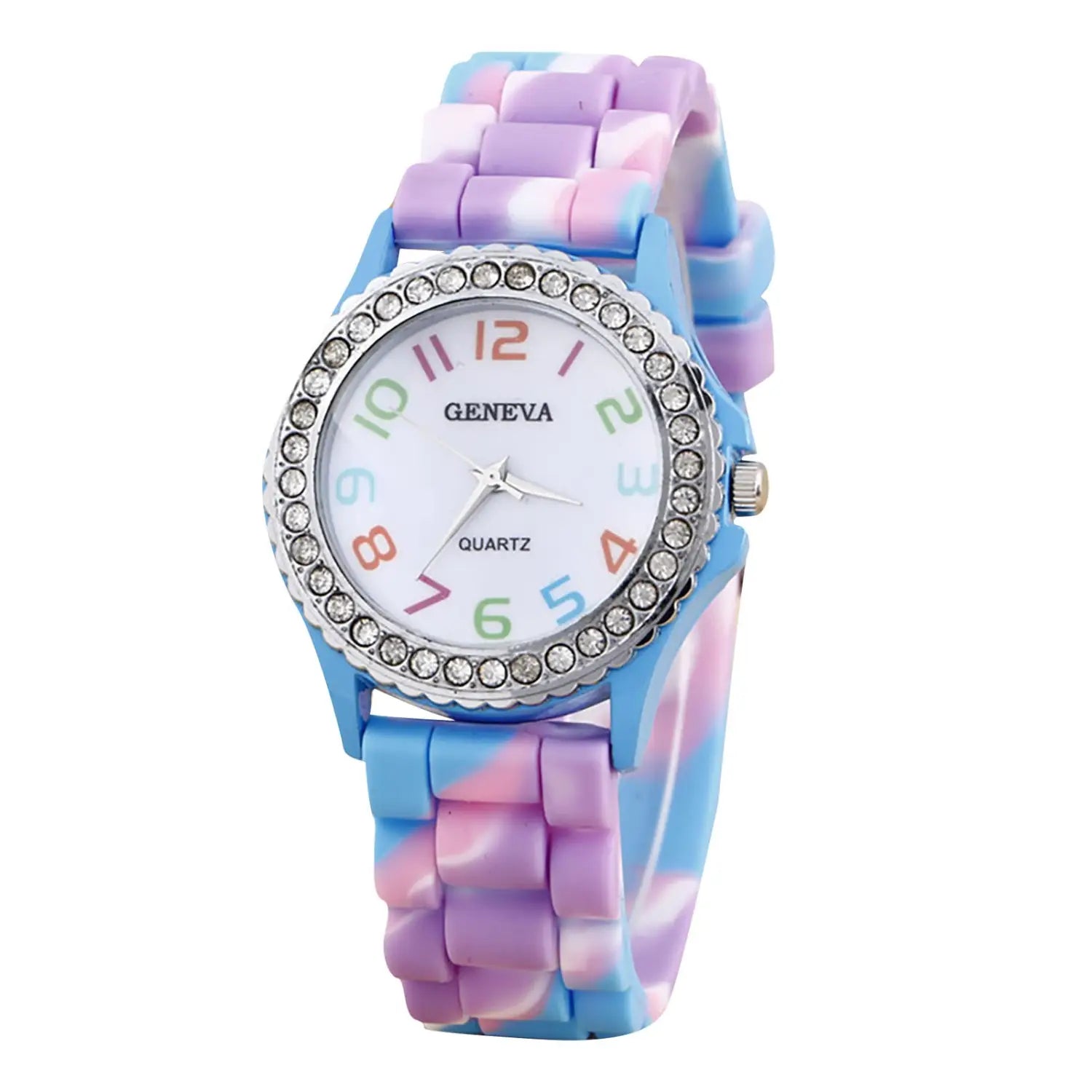 Girls crystal bling rainbow silicone watch with a pastel blue and purple silicone band, silver-toned bezel adorned with clear crystals, and white dial featuring rainbow-colored numerals.