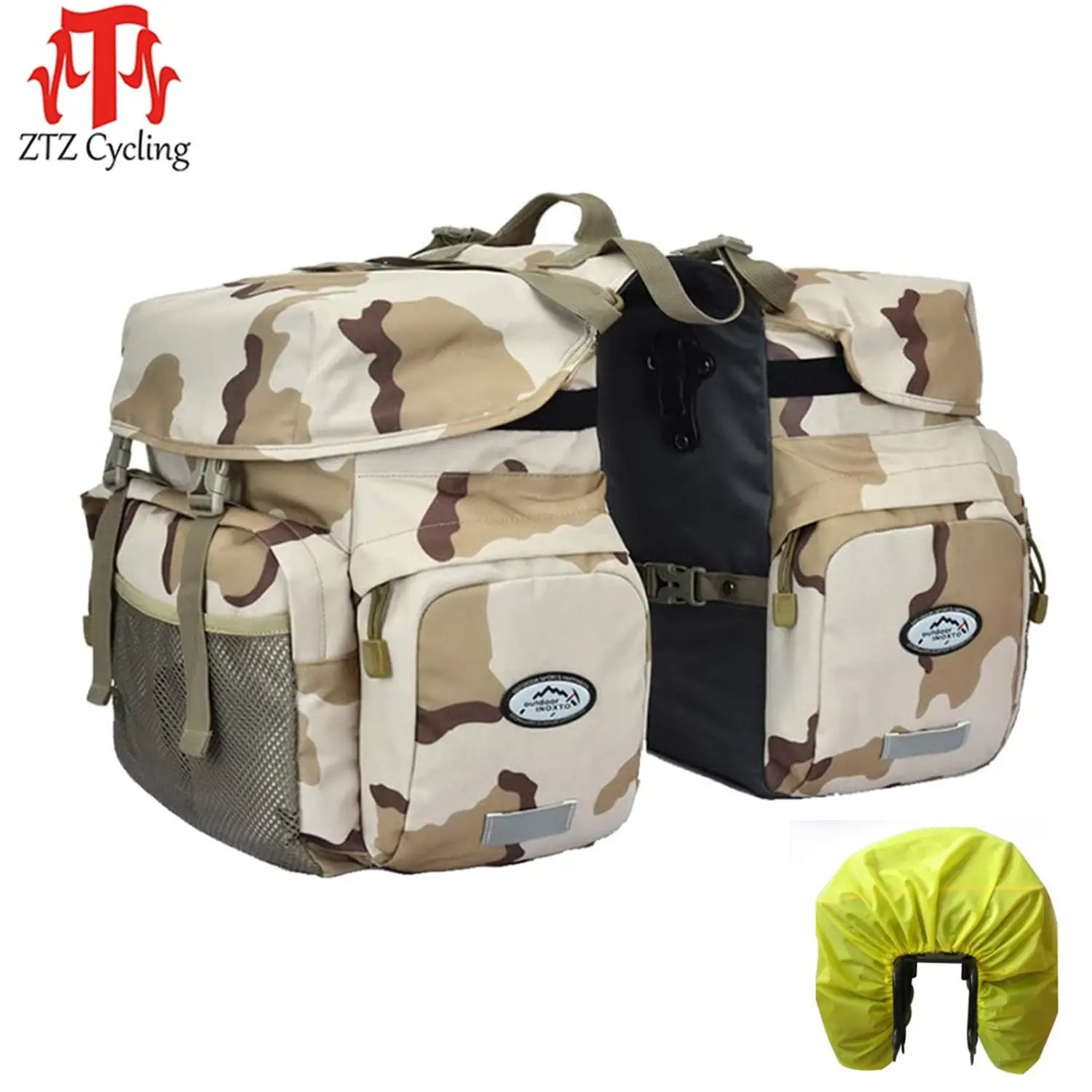 Ztz 50l wasserfeste Doppelfahrradtasche im Tarnmuster mit beigen-beigen und braunen Flecken, mit Mesh-Seitentaschen und schwarzer Rückwand, dargestellt von der Rückseite.