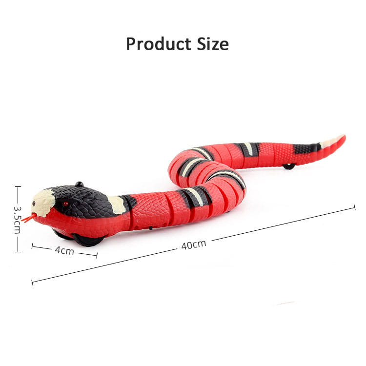 Red and black robotic snake toy with white stripes featuring a segmented plastic body and small wheels for movement designed as an interactive pet cat toy for smart sensing play.