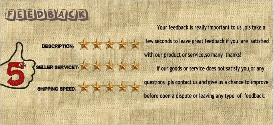 a beige textured feedback card with red and black thumbs-up graphic and gold star ratings for description seller service and shipping speed featured on the size chart of the pomni clown costume dress