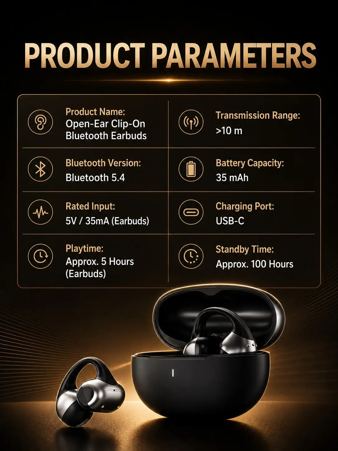 écouteurs Bluetooth à clip sur l’oreille ouverte noirs et argentés, avec contrôle tactile, logés dans un étui de charge noir brillant et élégant