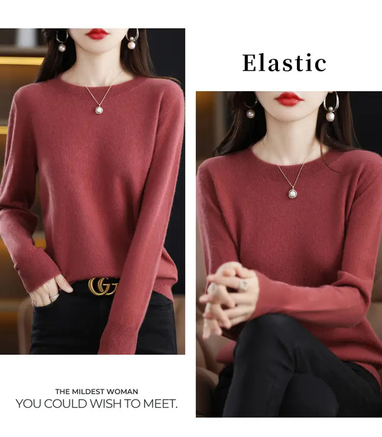 A soft maroon-colored pure wool cashmere o-neck pullover sweater with long sleeves and elastic cuffs.