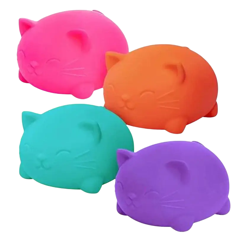 Four colorful plush tpr cat-shaped stress balls in pink orange teal and purple for anxiety relief and sensory play