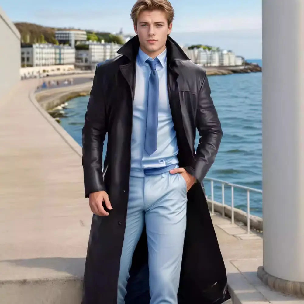 trench-coat en cuir noir avec col classique et poignets boutonnés, présenté dans la collection longues vestes en cuir goth pour hommes