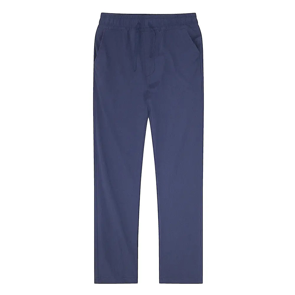 Navy blue men cotton linen trousers with breathable fabric featuring an elastic waistband and drawstring for casual wear.