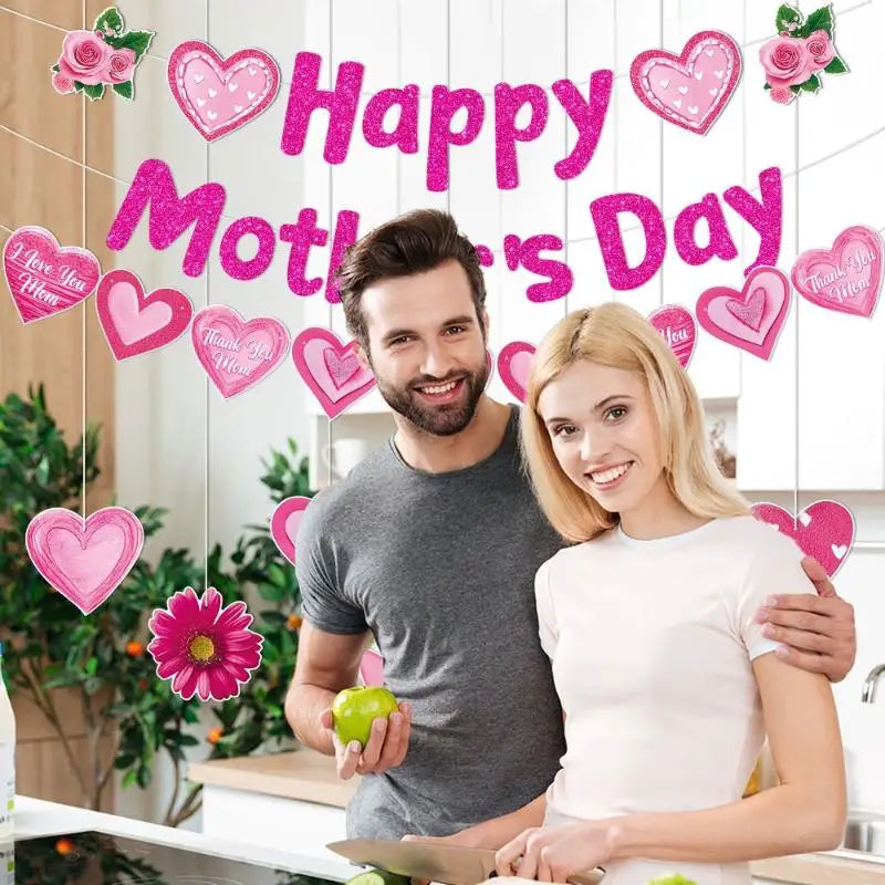 Mother's Day Banner Happy Paper Pendant Pink Party Decoration Heart Flower Mom Garlands Gift