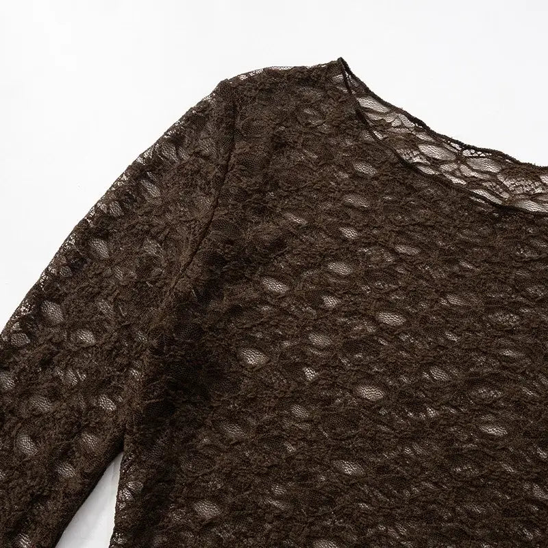 A dark brown long-sleeved lace crop top with an intricate floral pattern designed for women aesthetic clothes and aesthetic style.
