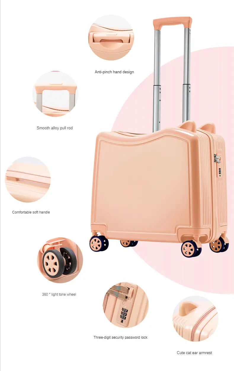 pastellpfirsichfarbener Hartschalen-Kinder-Ride-on-Spinner-Koffer-Reisetrolley-Beutel mit Akzenten im Katzenohren-Stil und ausziehbarem Griff.